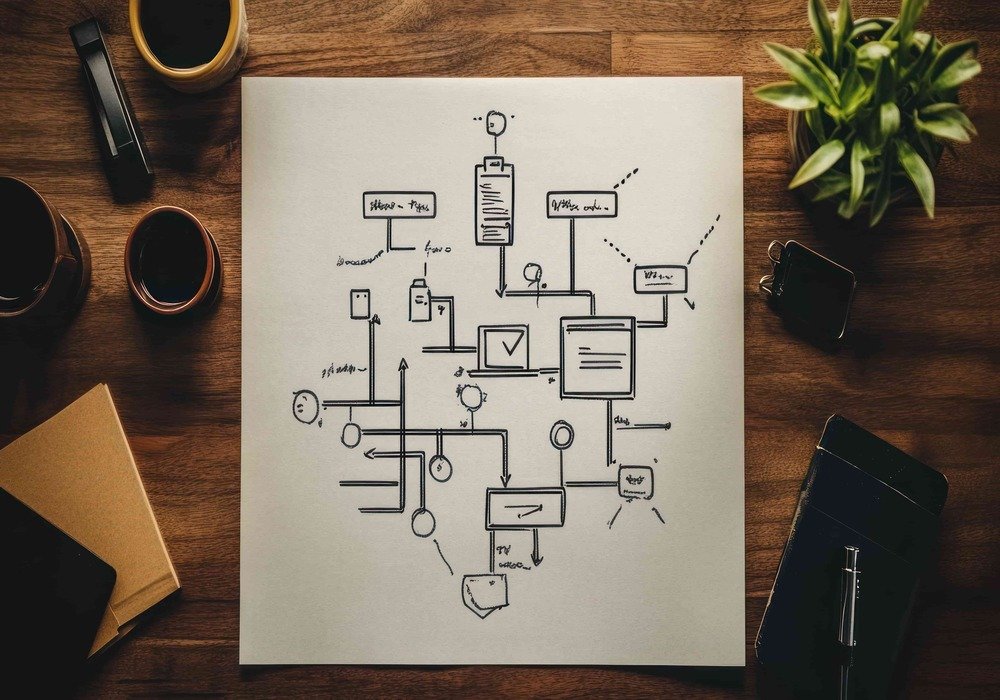 Hand-drawn workflow diagram on paper, on a wooden desk